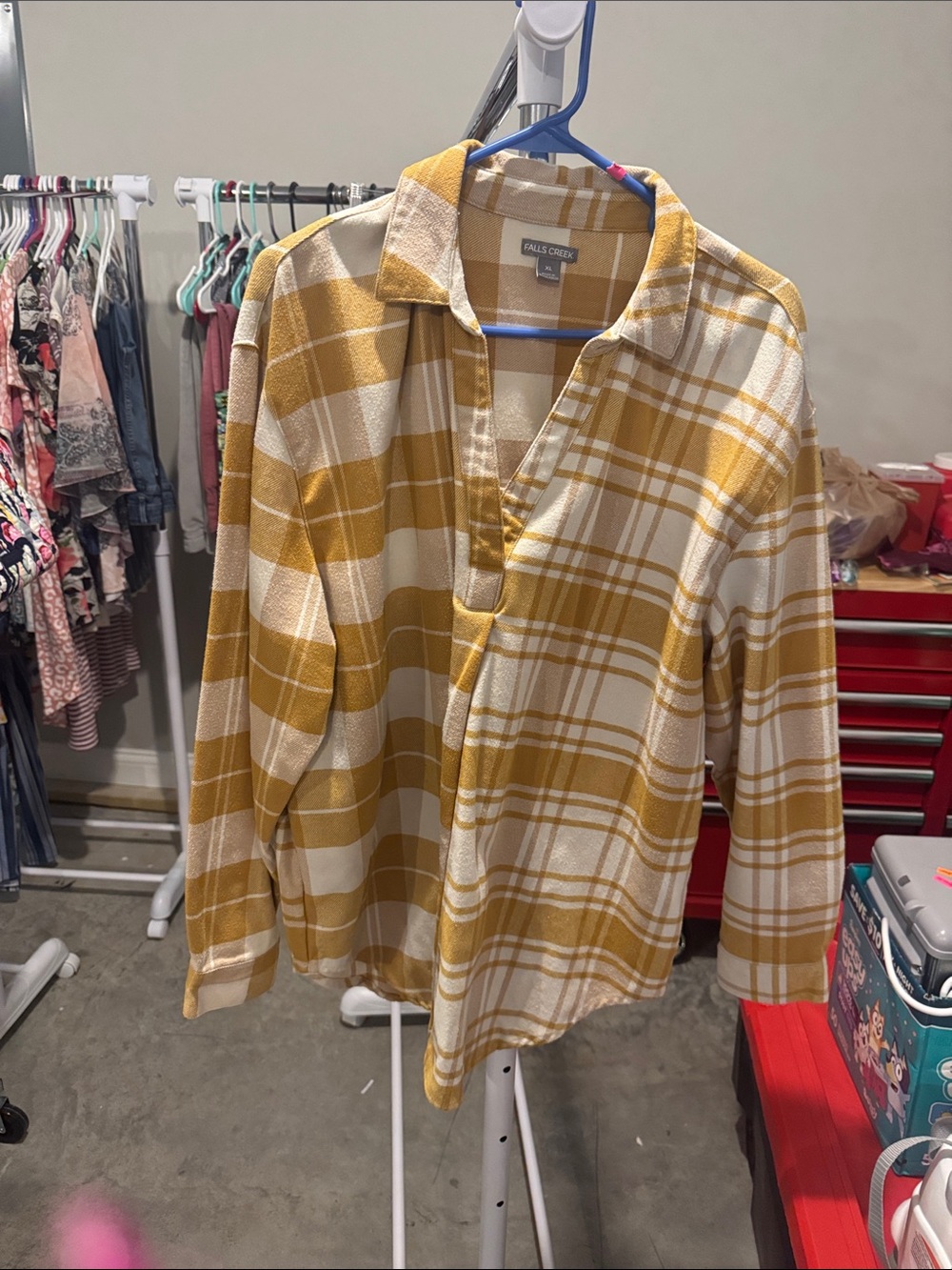 Falls Creek Women’s Mustard and Cream Plaid Button-Down Shirt